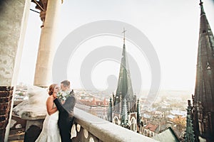 Stylish beautiful wedding couple kissing and hugging on background panoramic view of the old town