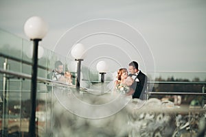 Stylish beautiful wedding couple kissing and hugging on background panoramic view of the old town