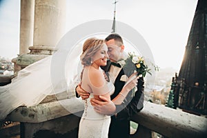 Stylish beautiful wedding couple kissing and hugging on background panoramic view of the old town