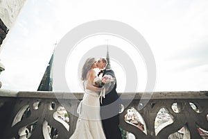 Stylish beautiful wedding couple kissing and hugging on background panoramic view of the old town