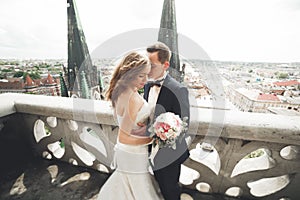 Stylish beautiful wedding couple kissing and hugging on background panoramic view of the old town