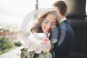 Stylish beautiful wedding couple kissing and hugging on background panoramic view of the old town