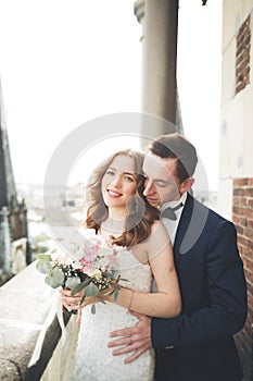 Stylish beautiful wedding couple kissing and hugging on background panoramic view of the old town