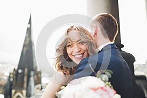 Stylish beautiful wedding couple kissing and hugging on background panoramic view of the old town