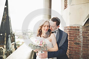 Stylish beautiful wedding couple kissing and hugging on background panoramic view of the old town