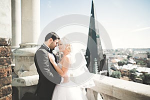 Stylish beautiful wedding couple kissing and hugging on background panoramic view of the old town