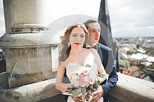 Stylish beautiful wedding couple kissing and hugging on background panoramic view of the old town