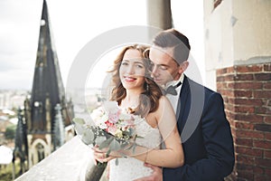 Stylish beautiful wedding couple kissing and hugging on background panoramic view of the old town