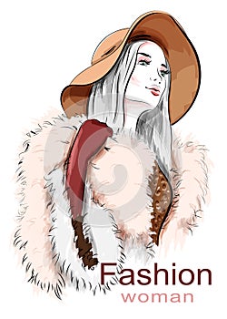 Stylish beautiful young woman in hat. Sketch. Hand drawn girl in fur coat. Fashion illustration.