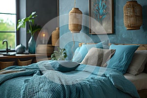 Stylish Bedchamber with Cyan Accents and Minimalist Design photo