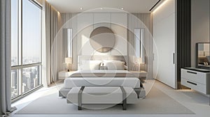 Stylish bedchamber with an urban panorama.