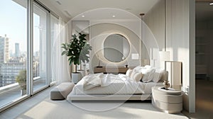 Stylish bedchamber with an urban panorama.