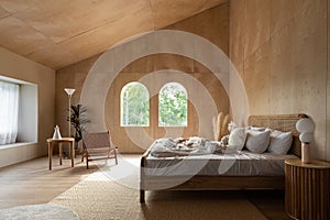 Stylish Bedroom corner with rattan headboard and bed with soft pillows setting with white pillows plywood wall on the background /