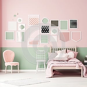 Stylish bedroom with empty mockup photoframes. Sofa, pillows, chairs, picture frames with copy space for picture on wall