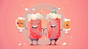 Stylish beer party flyers with cute cartoon illustration of funny lager pint character hugs a mug of beer. Suitable for