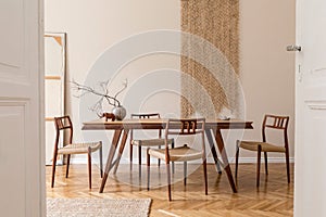 Stylish dining room in japandi interior design style. photo