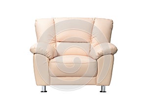 Stylish beige leather sofa on white background