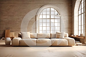 Stylish beige sofa in room with arched windows and stucco walls. Loft interior design of modern living room. Created with