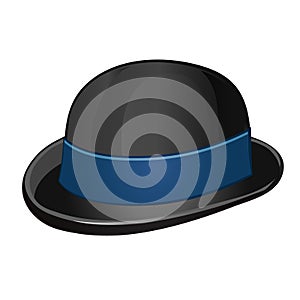 A stylish black bowler hat with blue ribbon isolated on a white background. Vector illustration.