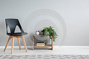 Stylish black chair next to shelf with two books, clock and green plant in pot