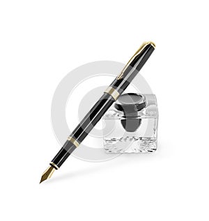Stylish black fountain pen and inkwell isolated on white
