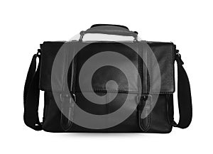 Stylish black leather briefcase isolated on white