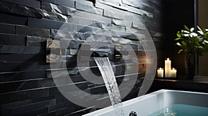 Stylish black marble bathroom and wall-mounted faucet on a stone wall.