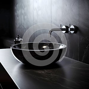 Stylish black marble round vessel sink and wall mounted faucet on stone wall. Interior design of modern bathroom. Created with