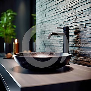 Stylish black marble vessel round sink and faucet on stone countertop. Interior design of modern bathroom. Created with generative