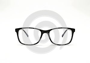 Stylish black rectangular frame eyeglasses on white background