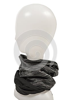 Stylish black ski scarf on mannequin isolated on white background.