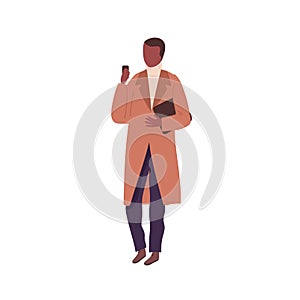 Stylish black skin man wearing casual coat and looking at cell phone. Male faceless character in autumn or spring
