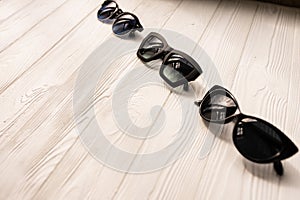 Stylish black sunglasses. Summer background mockup template text