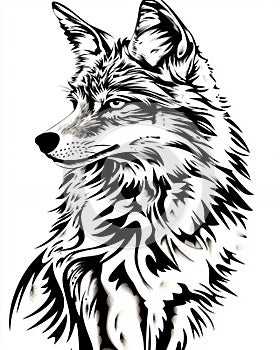 Stylish Black White Coyote Tribal Art Design Graphic Fox Ink Wolf Wild Line Image Sharp Beast Print photo