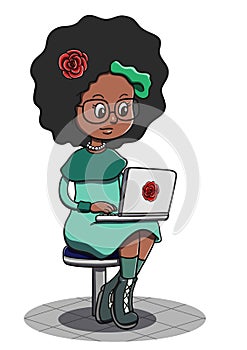 Stylish Black Woman Sitting and Using Laptop