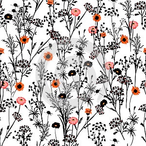 Stylish blalck and white silhouette of  Hand drawn meadow Floral with spot of red and orange blooming flowers pattern. Seamless