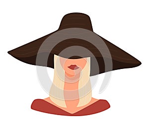 Stylish blond lady wearing hat with wide brims