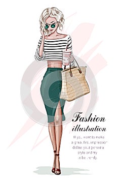 Stylish blonde girl in fashion clothes, with bag and coffee cup. Hand drawn beautiful girl. Fashion woman. Sketch.