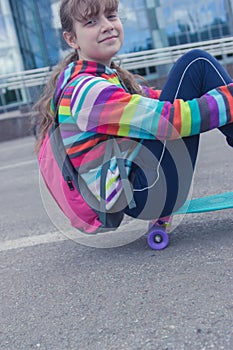 Stylish blonde girl trendy skateboard dynamic day outdoor