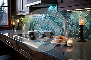 Stylish blue geometric tile on a backsplash of a modern kitchen