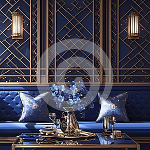 Stylish Blue Lounge with Flowers and Gold Accents