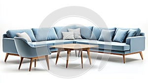 Stylish Blue Sectional Sofa And Table Set On White