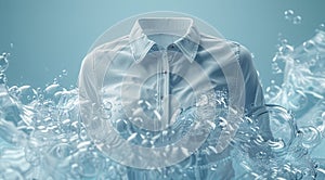 Stylish blue shirt submerged in water with dynamic bubbles and a fresh look