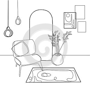 The stylish boho composition at living room interior design.Line art drawing.Boho chic Cozy apartment.Home decor vector