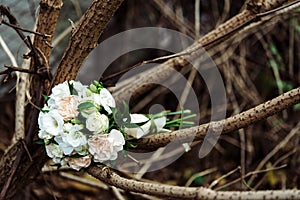 Stylish boho rustic wedding bouquet on wooden branches outdoors
