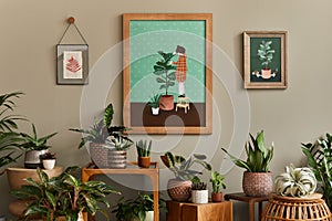 Stylish botany composition of home garden interior with wooden mock up poster frame, filled a lot of beautiful house plants.