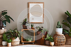 Stylish botany composition of home garden interior with wooden mock up poster frame, filled a lot of beautiful house plants.