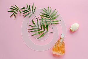 Stylish bottle of perfume with spray of palm green leaves on pin