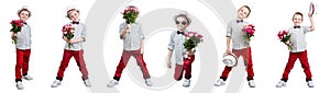 Stylish boy in a hat holding a bouquet of roses.Children`s fashion .Collage .
