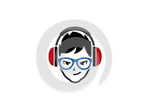 Stylish boy put headphone and blue glasses for logo design